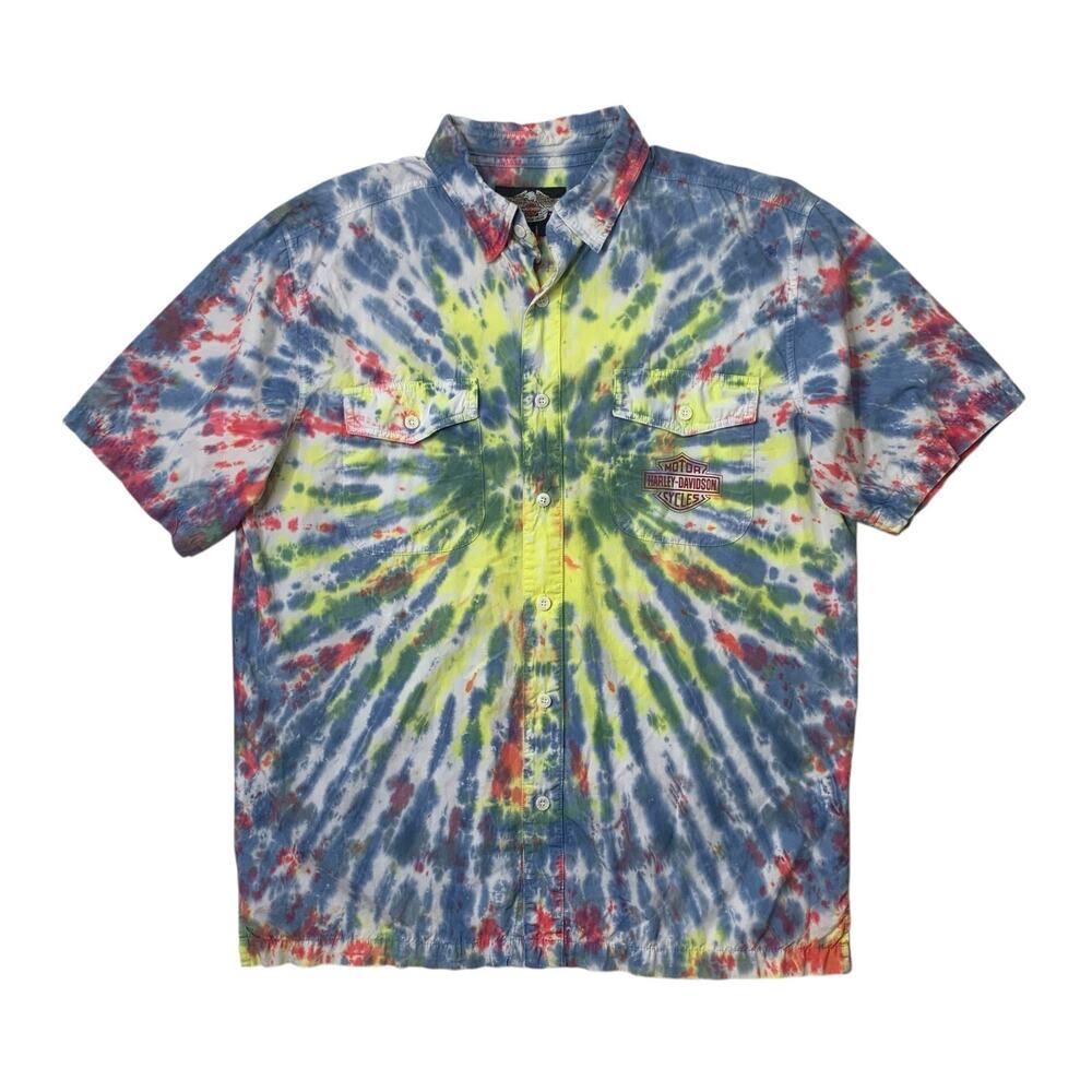 Harley Davidson Shirt Mens Large Tie Dye Retro Hippie Whimsical Military Tribute